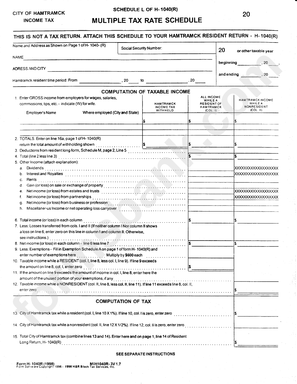Schedule L Of H1040(R) Multiple Tax Rate Schedule City Of