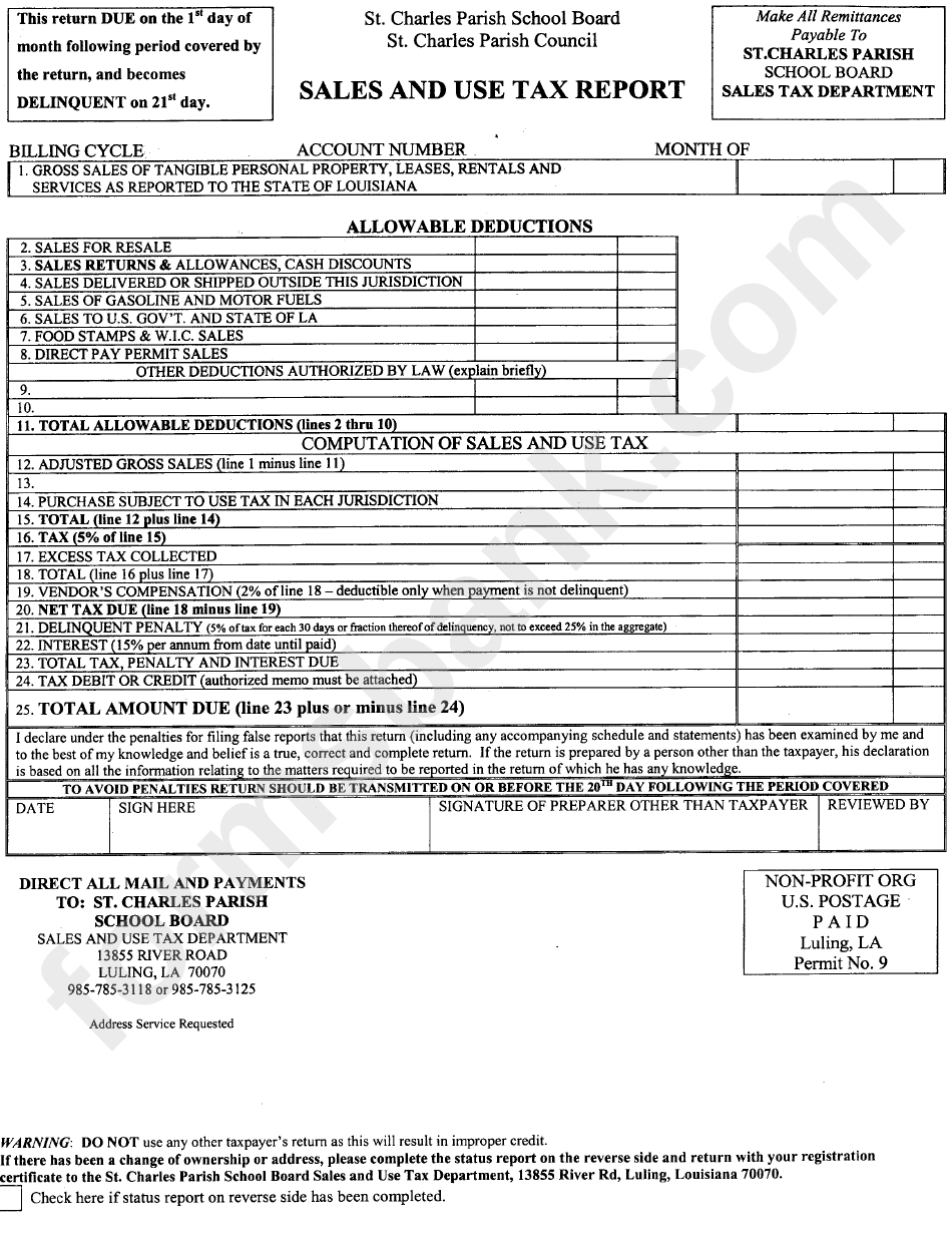 Sales And Use Tax Report St.charles Parish School Board Sales And Use