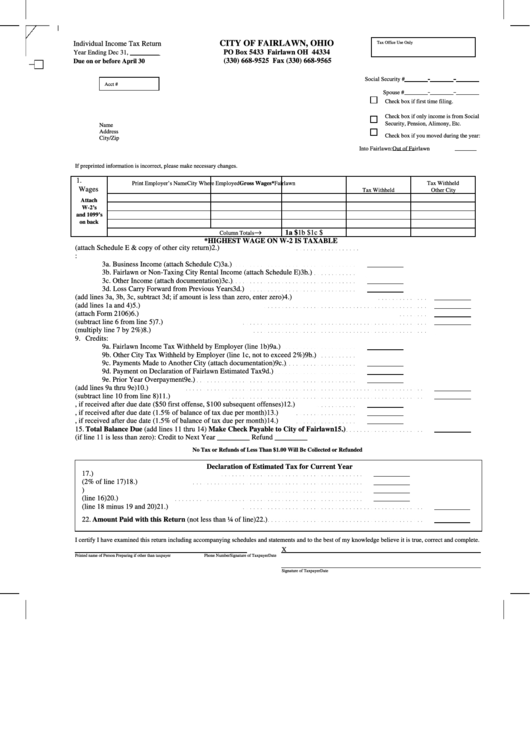 City Of Fairlawn, Ohio Individual Tax Return printable pdf download