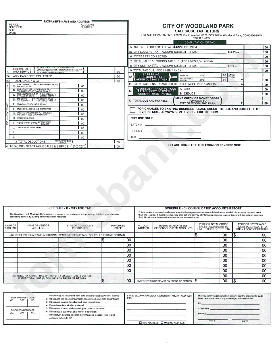 Sales/use Tax Return City Of Woodland Park printable pdf download