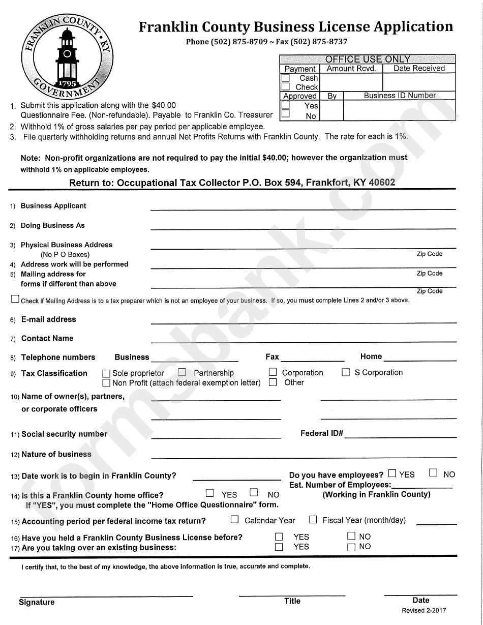 Business License Application Franklin Country printable pdf download