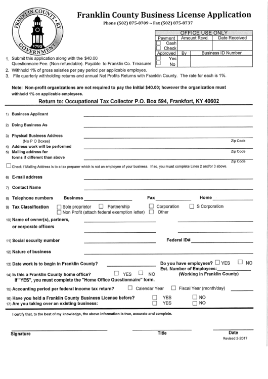 Business License Application Franklin Country printable pdf download