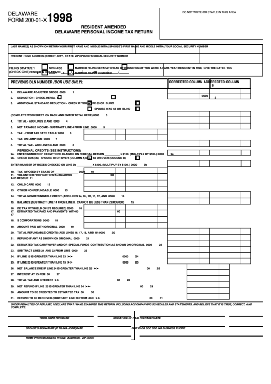 Fillable Form 20001X Resident Amended Delaware Personal Tax