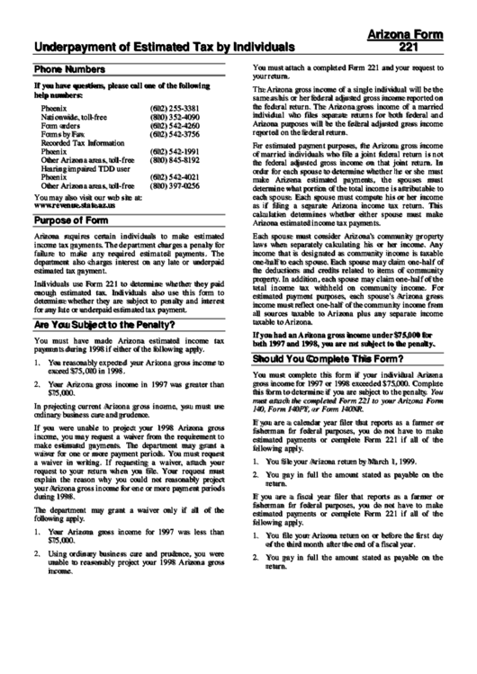 Instructions For Arizona Form 221 Underpayment Of Estimated Tax By Individuals printable pdf