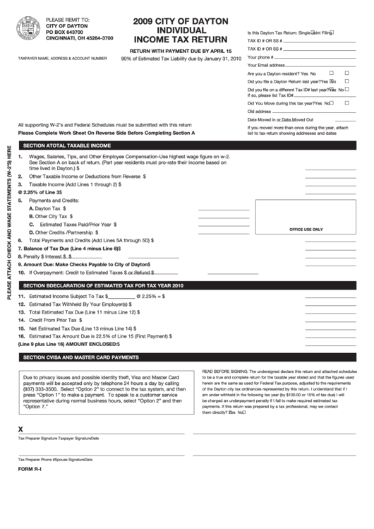 Form RI City Of Dayton Individual Tax Return 2009 printable