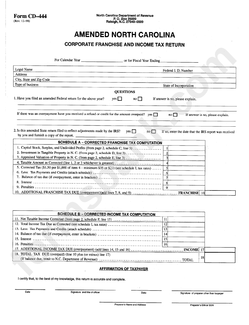 Fillable Form Cd444 Amended North Carolina Corporate Franchise And