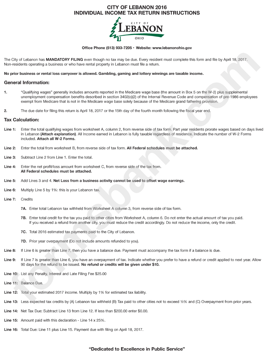 Individual Tax Return Instructions City Of Lebanon 2016
