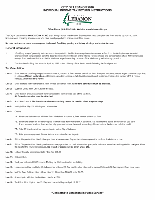 Individual Tax Return Instructions City Of Lebanon 2016