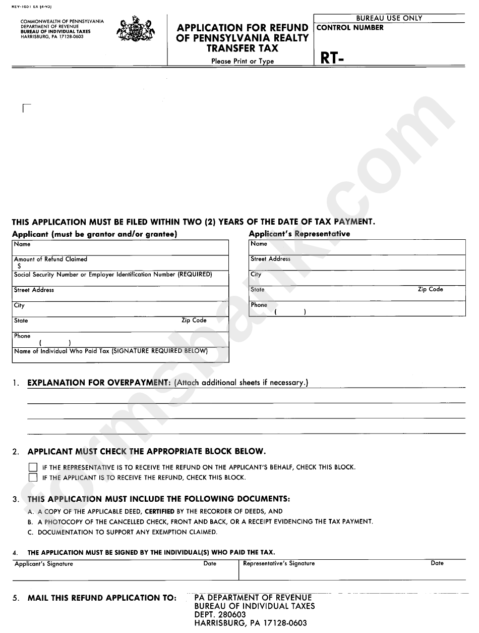 Form Rev1651 Application For Refund Of Pennsylvania Realty Transfer