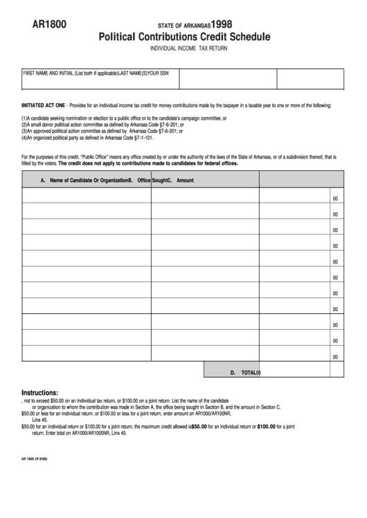 Fillable Form Ar1800 Political Contributions Credit