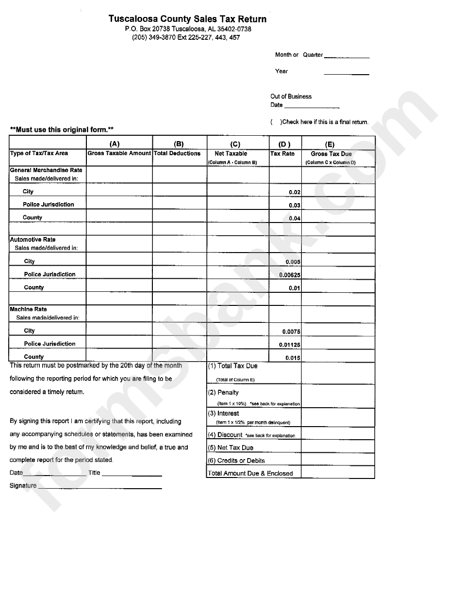 Tuscaloosa County Sales Tax Return Form printable pdf download