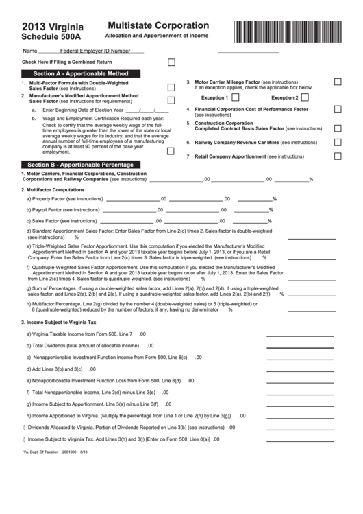 Fillable Virginia Schedule 500a Multistate Corporation Allocation