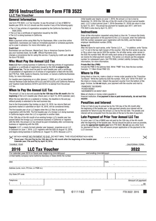 Fillable California Form 3522 Llc Tax Voucher 2016