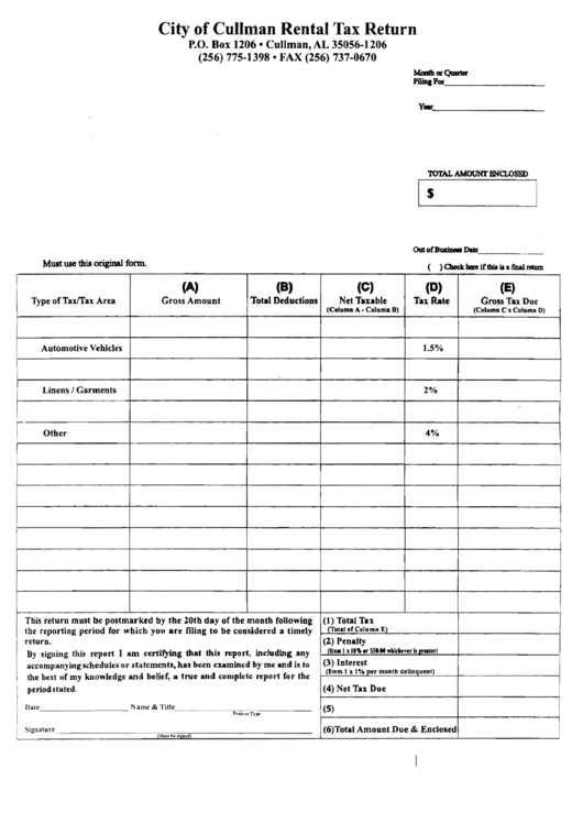 City Of Cullman Rental Tax Return Form printable pdf download