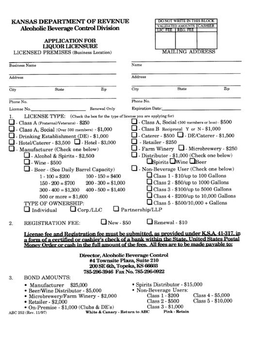 Form Abc 252 Application For Liquor Licensure Alcoholic Beverage