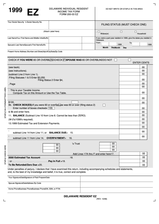 Form 20003 Ez Delaware Individual Resident Tax 1999