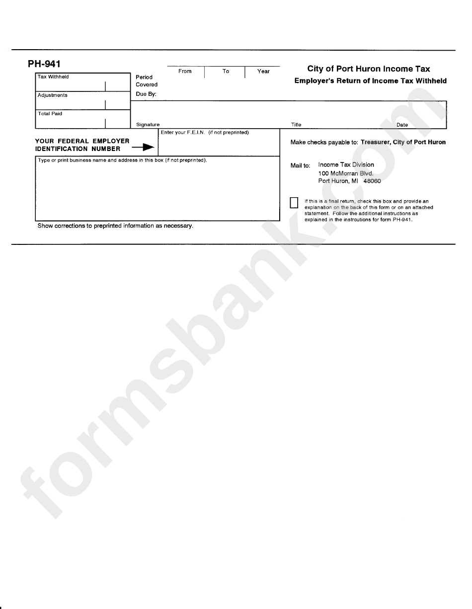 Form Ph941 City Of Port Huron Tax Employer'S Return Of
