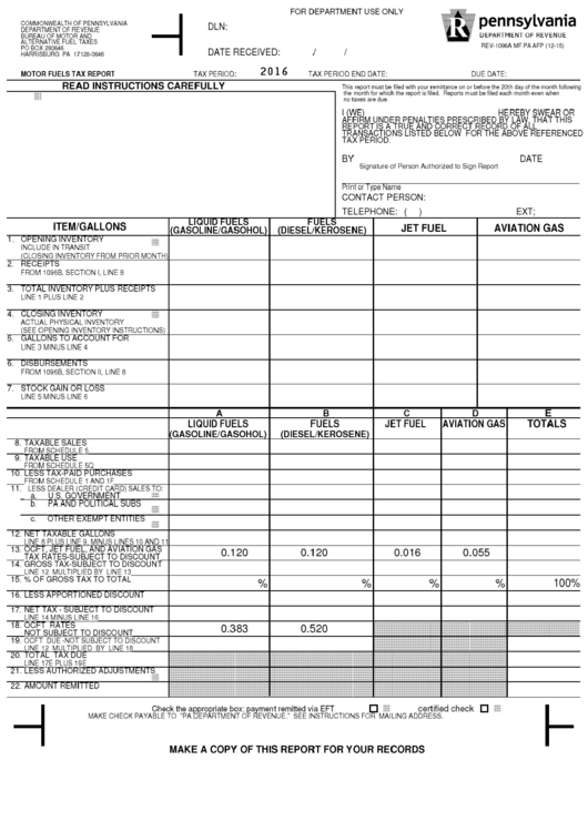 Form Rev1096a Motor Fuels Tax Report 2016 printable pdf download
