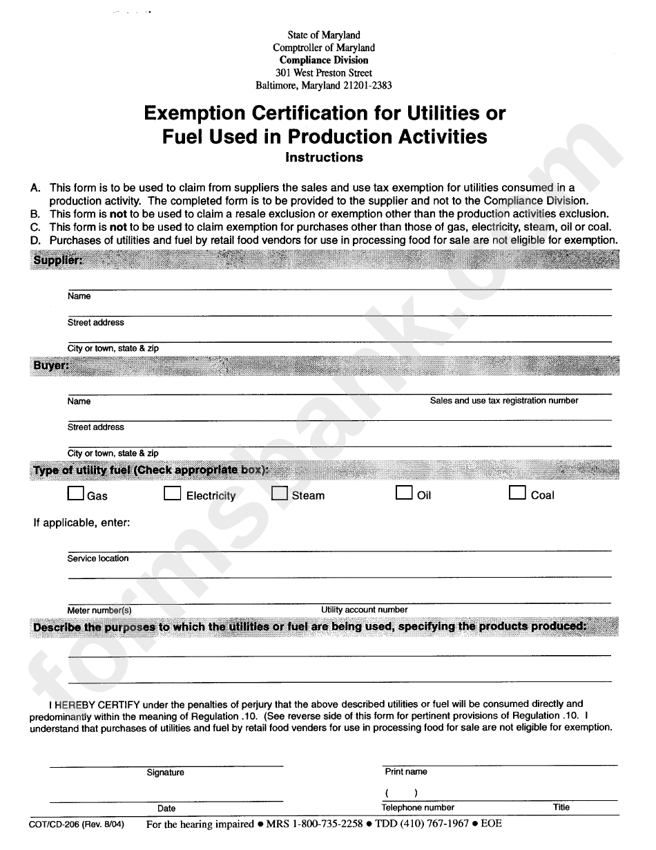 Fillable Form Cot/cd206 Exemption Certification For Utilities Or