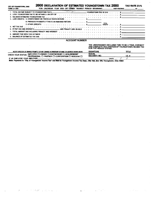 Form D1 Declaration Of Estimated Youngstown Tax 2000 printable pdf