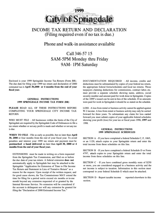 General Instructions For Springdale Tax Form (Br) 1999
