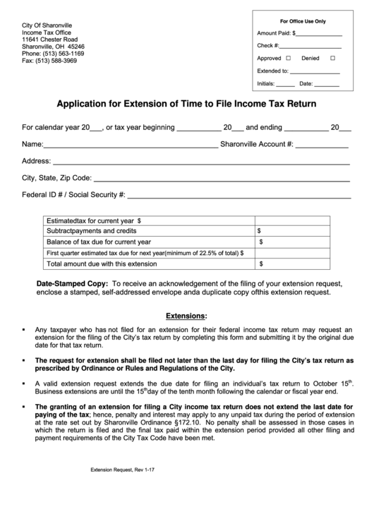 Fillable Application For Extension Of Time To File Tax Return City Of Sharonville, Ohio