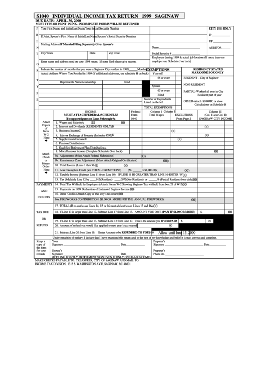 Form S1040 Individual Tax Return 1999 Saginaw printable pdf download