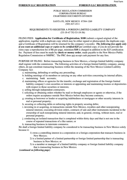 Requirements To Register A Foreign Limited Liability Company Form