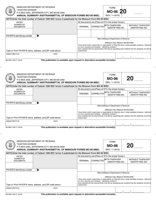 Fillable Form Mo96 Annual Summary And Transmittal Of Missouri Forms