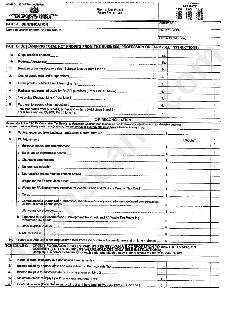 Fillable Schedule CF Reconciliation Pennsylvania Department Of