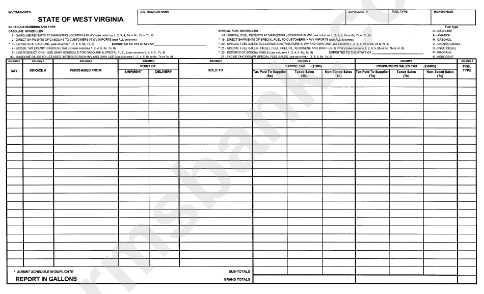 Form Wv/gas501s State Of West Virginia Gasoline Schedules printable