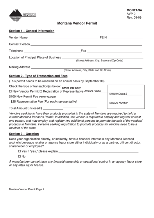 Montana Form Avp2 Montana Vendor Permit printable pdf download