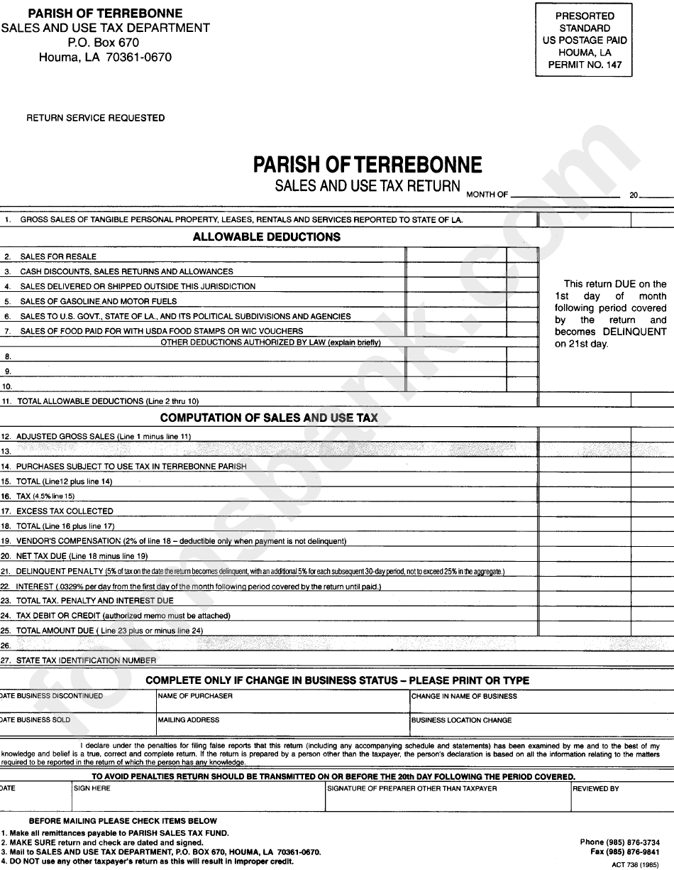 Form Act 738 Sales And Use Tax Return Parish Of Terrebonne printable pdf download