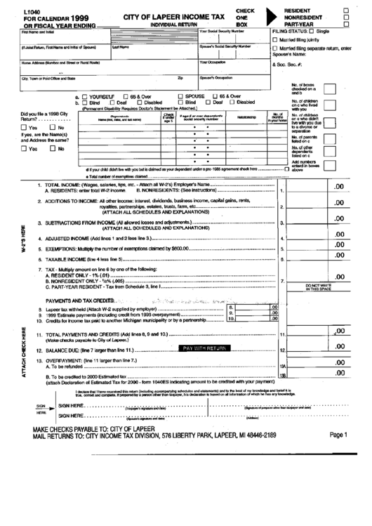 Form L1040 City Of Lapeer Tax 1999 printable pdf download