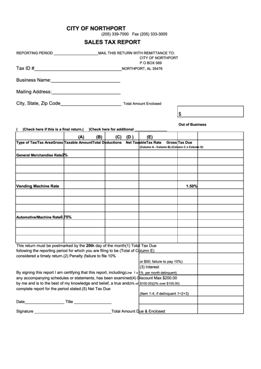 Fillable Sales Tax Report City Of Northport Form printable pdf download