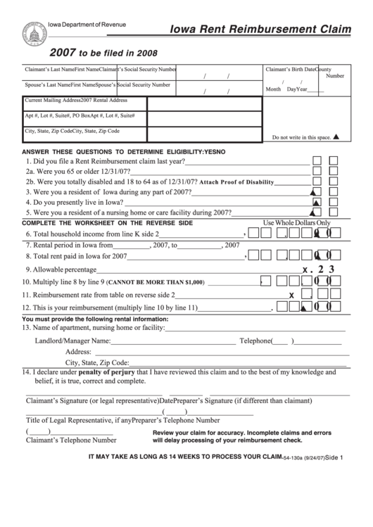 Form 54130 Iowa Rent Reimbursement Claim 2007 printable pdf download