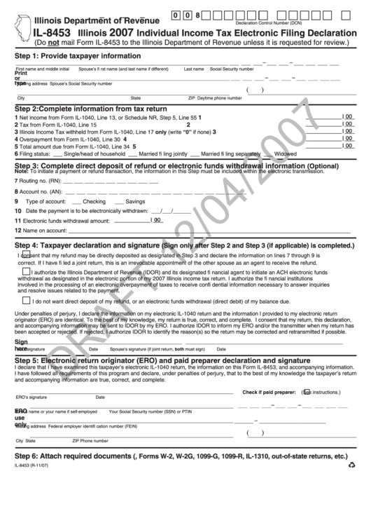 Form Il8453 Draft Illinois Individual Tax Electronic Filing