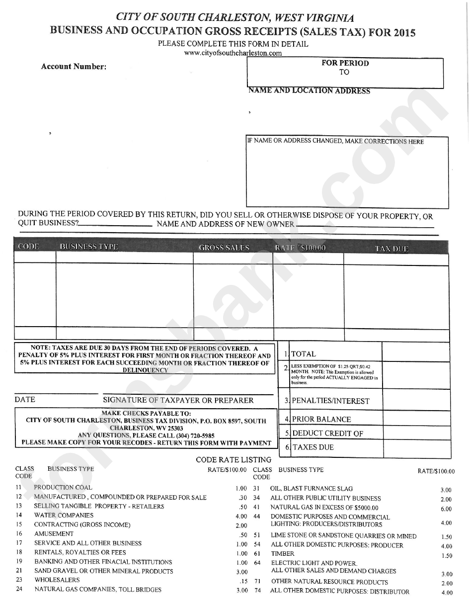 Business And Occupation Gross Receipts (Sales Tax) City Of South