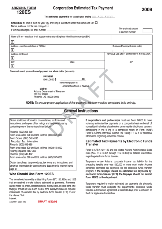 Arizona Form 120es Draft Corporation Estimated Tax Payment 2009
