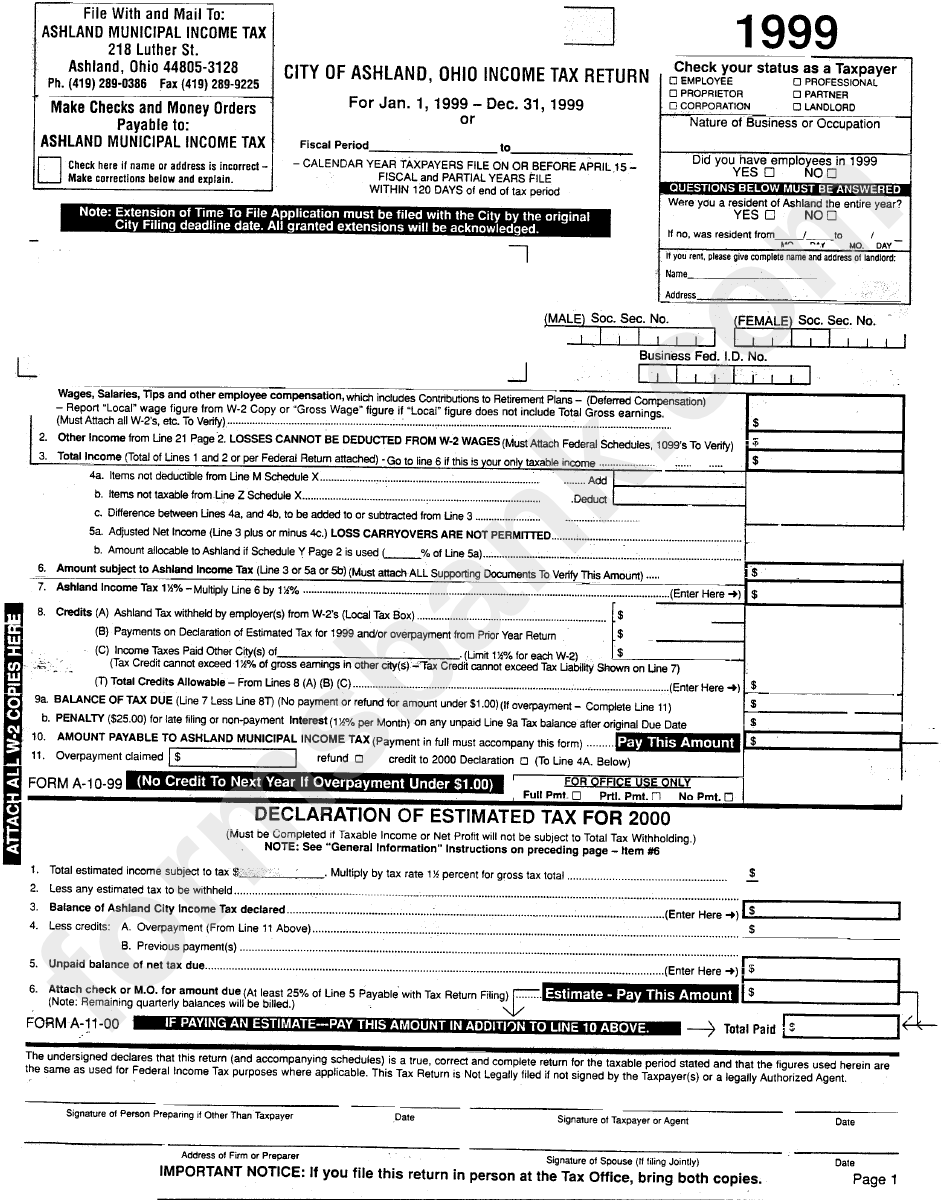 City Of Ashland, Ohio Tax Return 1999 printable pdf download