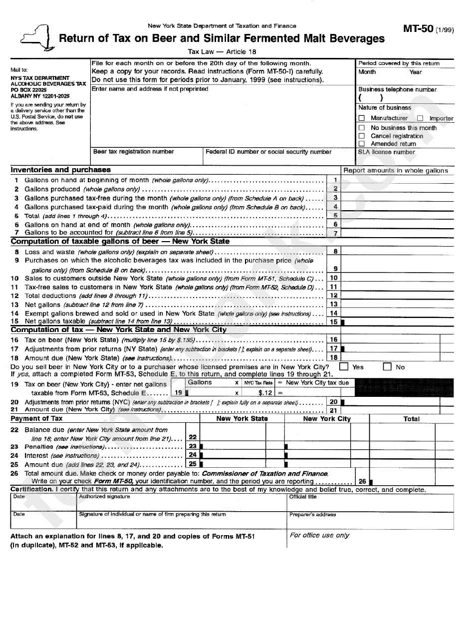 Form Mt50 Return Of Tax On Beer And Similar Fermented Malt Beverages New York State