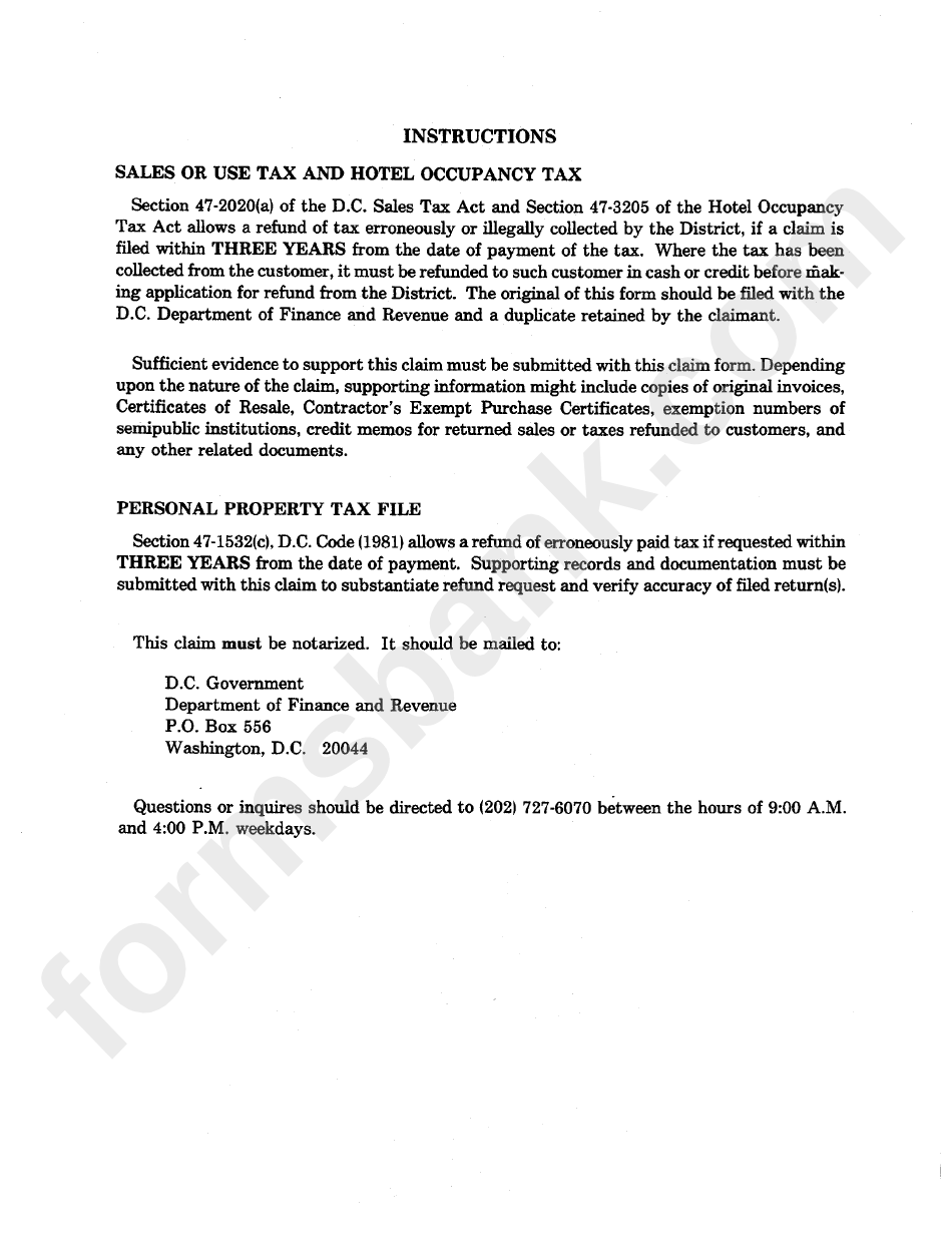 Sales Or Use Tax And Hotel Occupancy Tax Instructions Dc Department