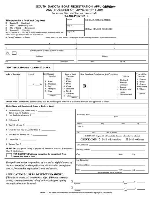 Fillable South Dakota Boat Registration Application And Transfer Of