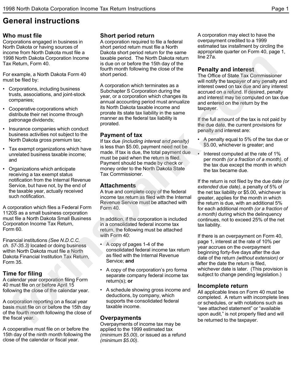 Instructions For Form 40 North Dakota Corporation Tax Return 1998 printable pdf download