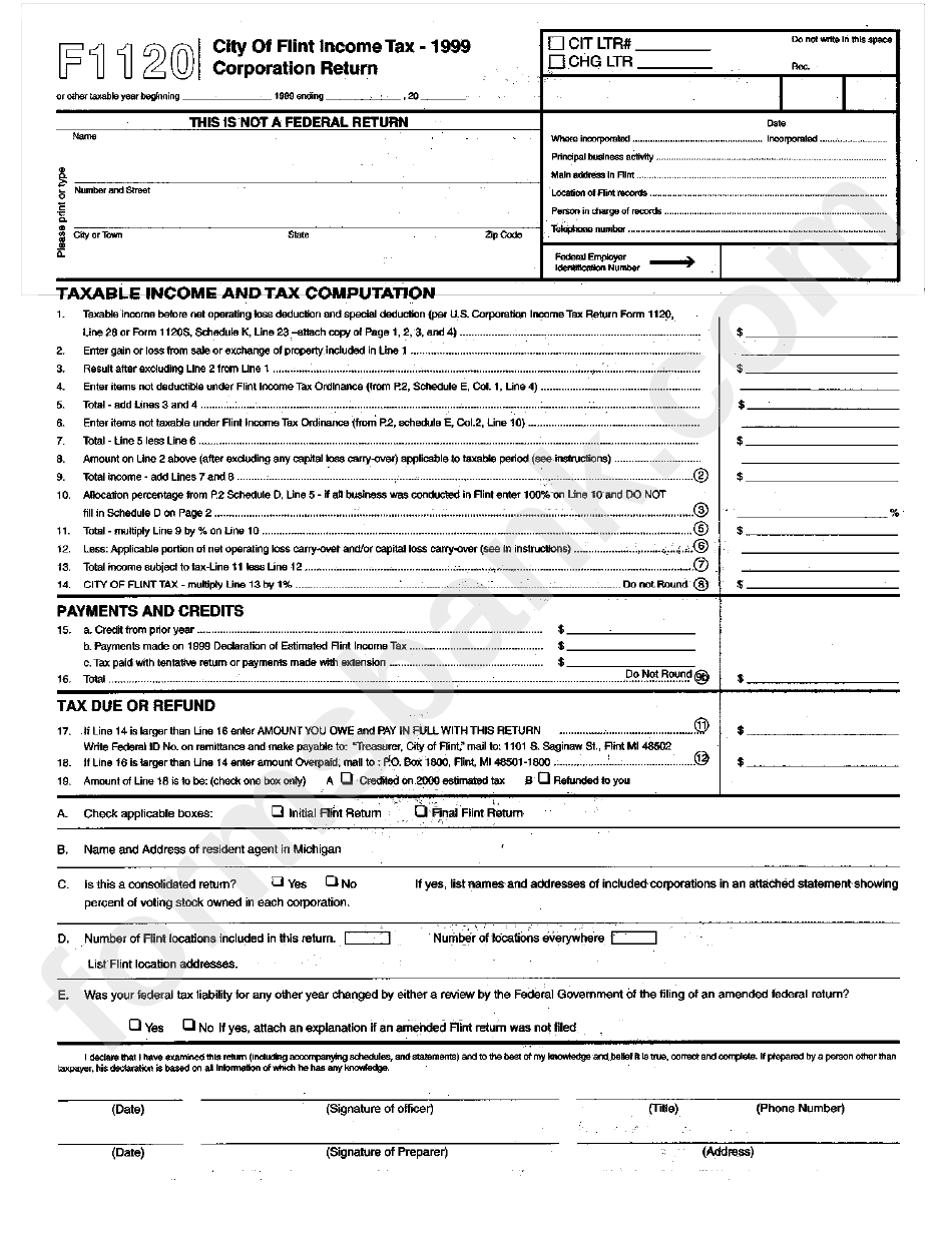 Form F1120 City Of Flint Tax Corporation Return 1999
