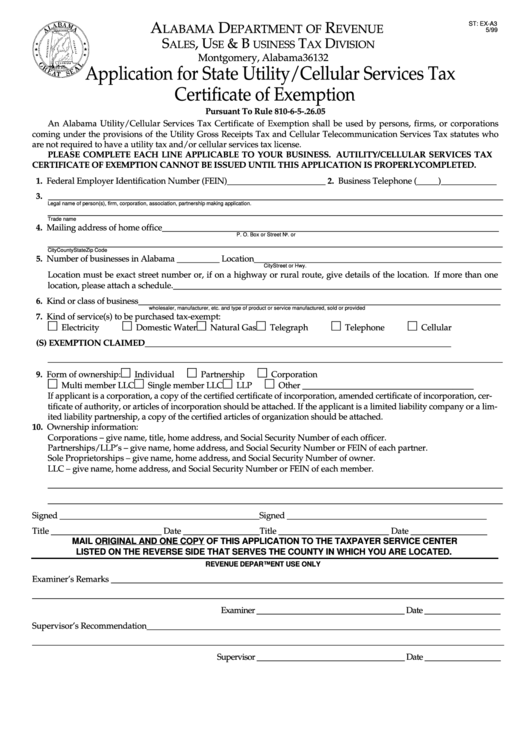 Form StexA3 Application For State Utility/cellular Services Tax