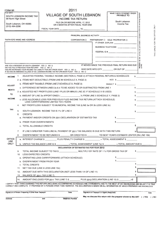 Form Br Village Of South Lebanon Tax Return 2011 printable