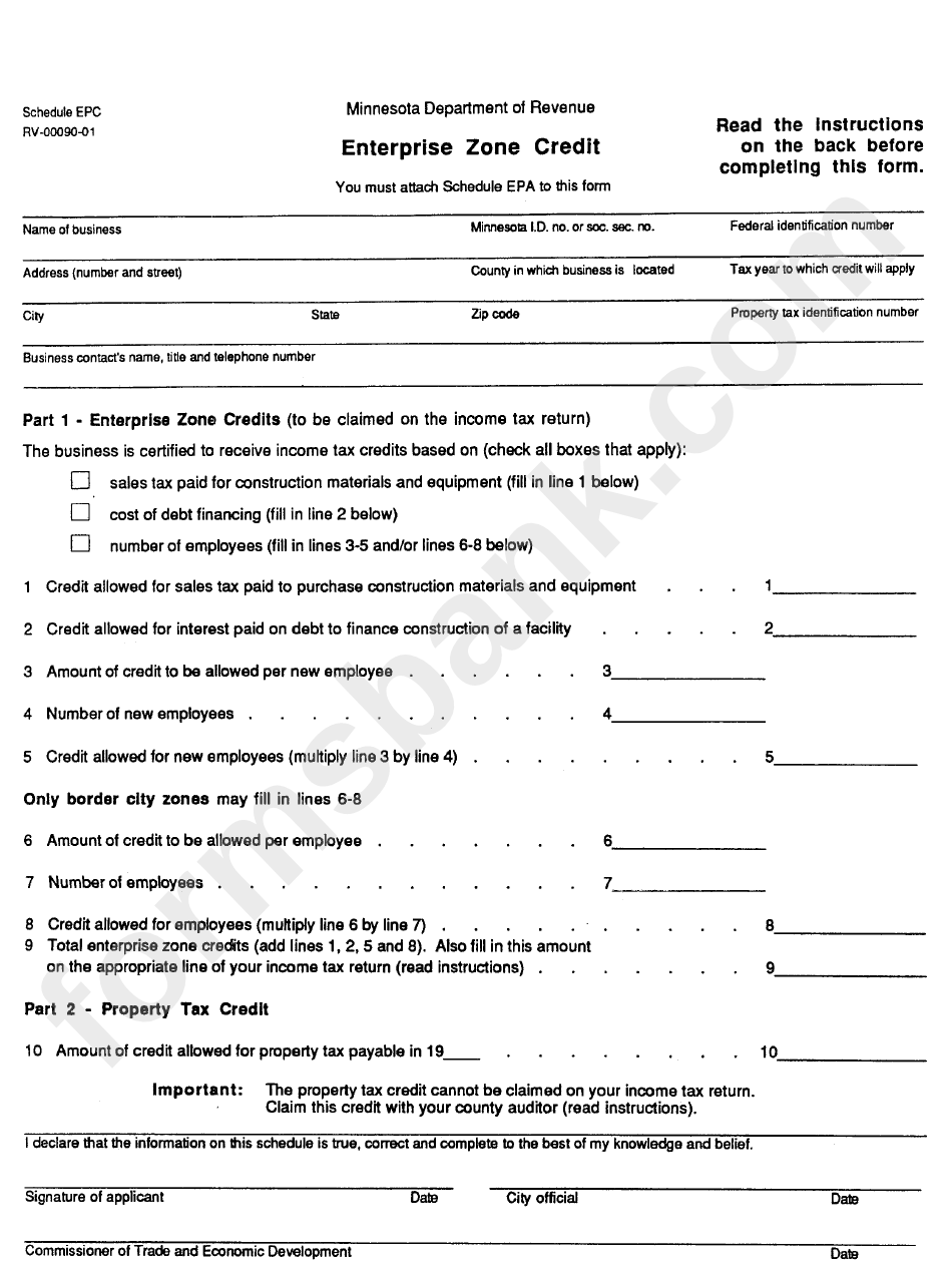 Schedule Epc Enterprise Zone Credit printable pdf download