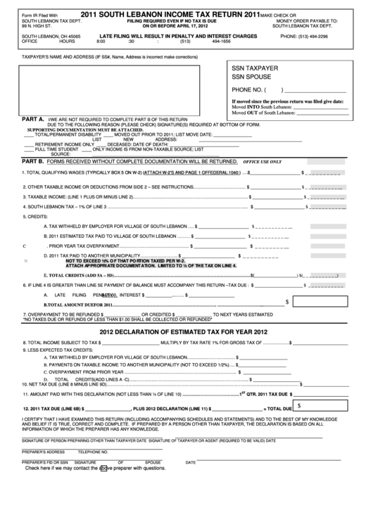 Form Ir South Lebanon Tax Return 2011 printable pdf download