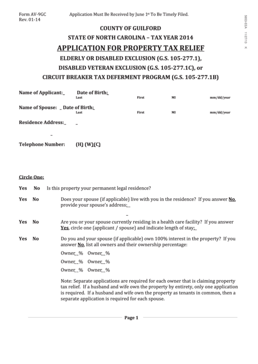 Form Av9gc Application For Property Tax Relief County Of Guilford 2014 printable pdf download